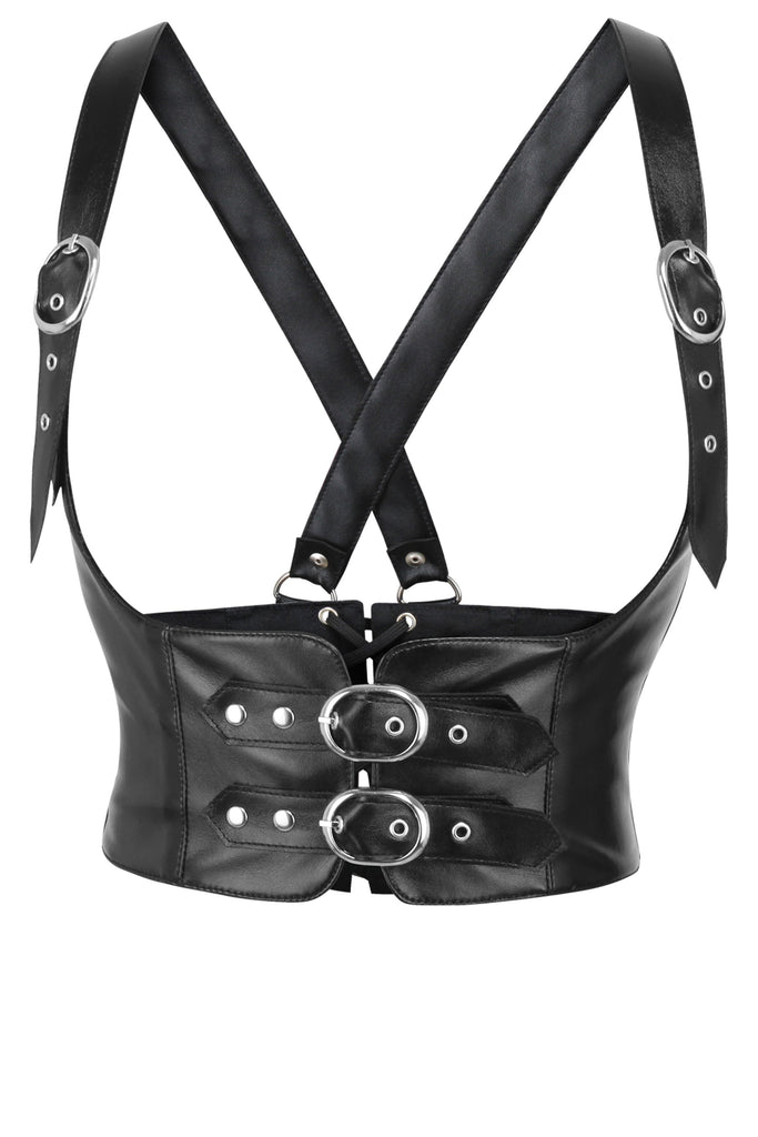 Koral Black Faux Leather Harness Corset - Corsets Queen US-CA