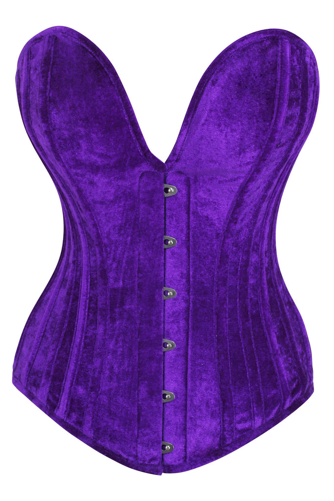 Anzethe Purple Velvet Overbust Corset With Plunge Neckline - Corsets Queen US-CA