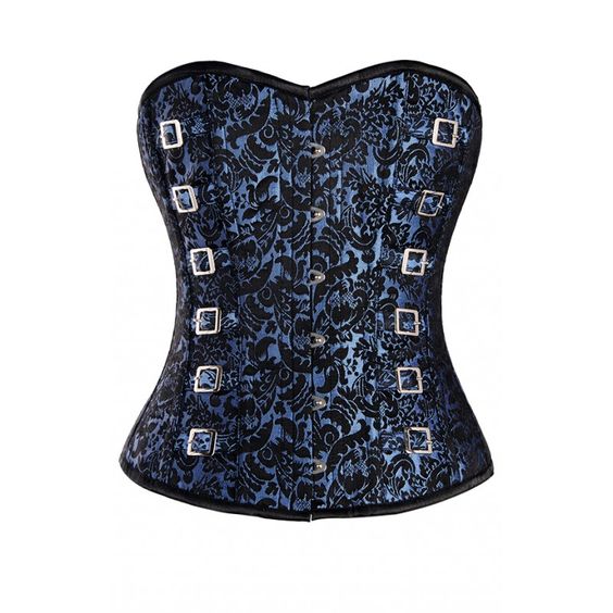 Cataldi Blue and Black Brocade Pattern Corset with Silver Buckle Detail - Corsets Queen US-CA