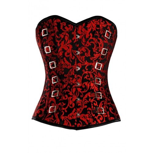 Irrera Red and Black Brocade Pattern Corset with Silver Buckle Detail - Corsets Queen US-CA