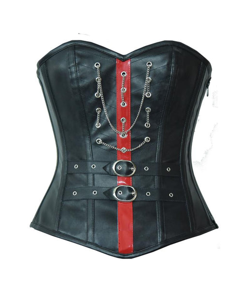 Chiesa Black Leather Overbust Corset With Red PVC Stripe - Corsets Queen US-CA
