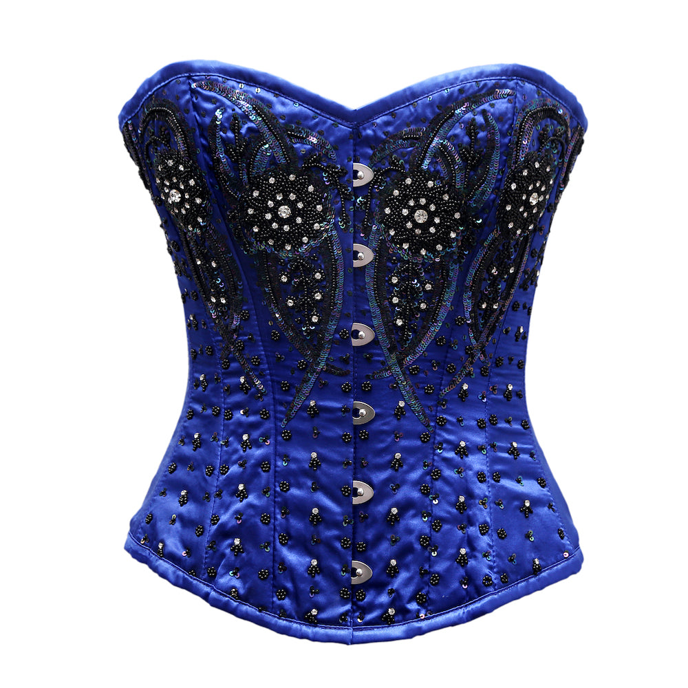 Fortner Blue Satin Satin Embroidery Overbust Corset - Corsets Queen US-CA