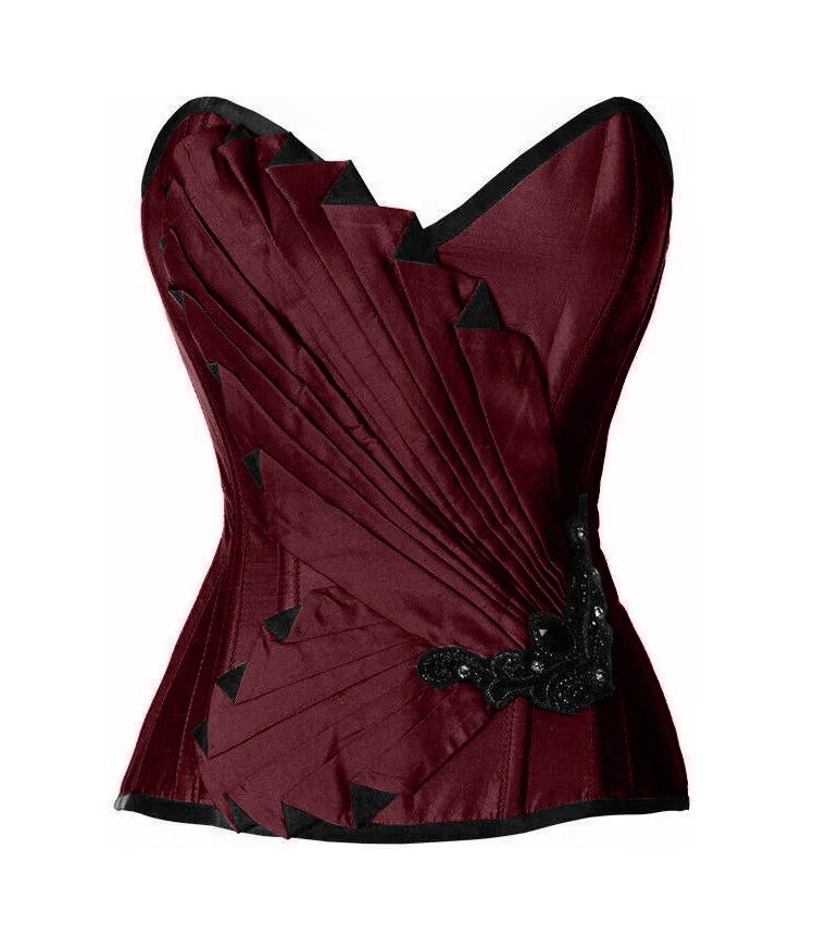 Sheree Burgundy Satin/Taffeta Embroidered Overbust Corset - Corsets Queen US-CA