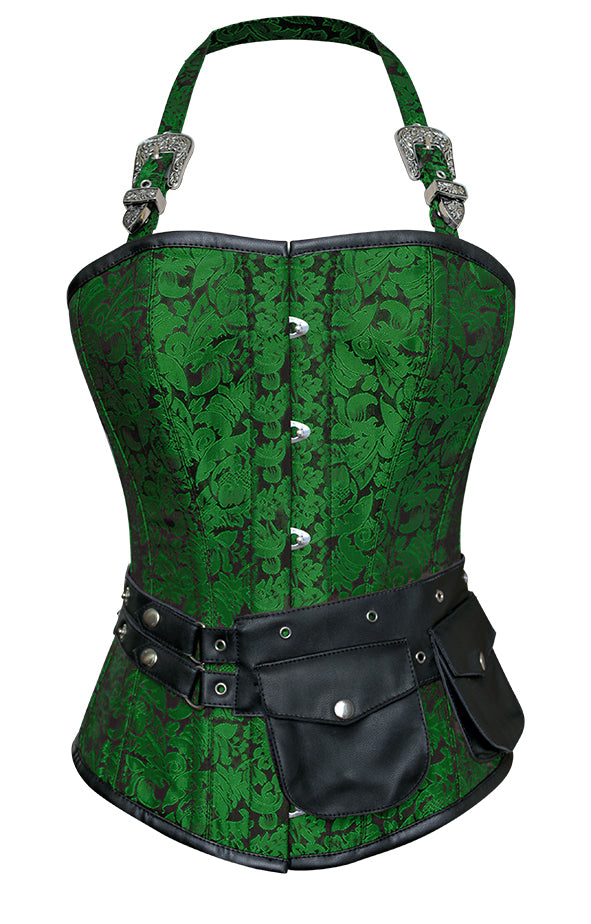 Naomie Green Corset with Strap and Faux Leather Pouch - Corsets Queen US-CA