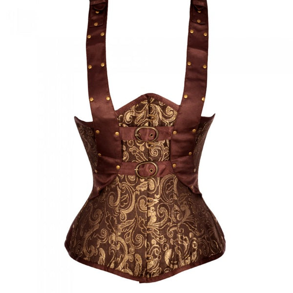 Andriani Brown And Gold Brocade Underbust With Shoulder Strap - Corsets Queen US-CA