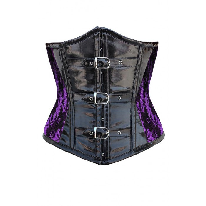Coline Purple Corset With Black Lace Overlay And PVC Front - Corsets Queen US-CA
