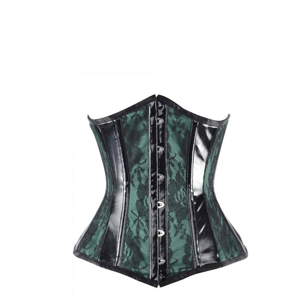 Signer Green Satin Underbust With Overlay And PVC Trim - Corsets Queen US-CA