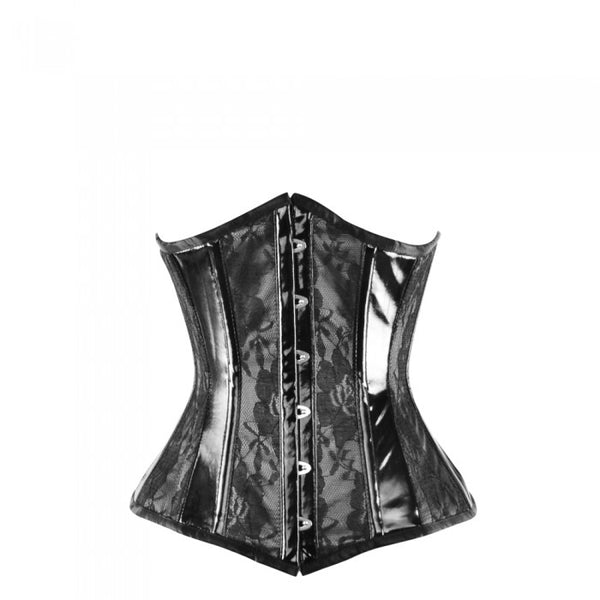 Spears Black Satin Underbust With Lace Overlay And PVC Trim - Corsets Queen US-CA