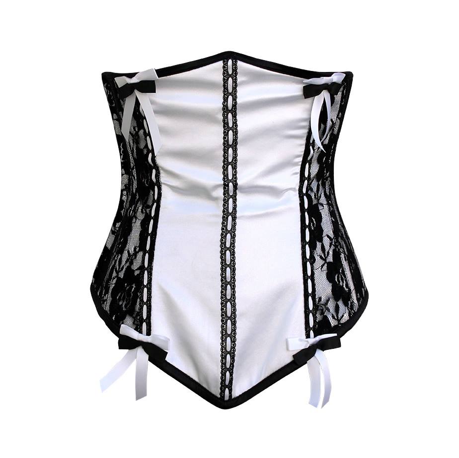 Roma White Satin Underbust Corset With Black Net & Bow - Corsets Queen US-CA