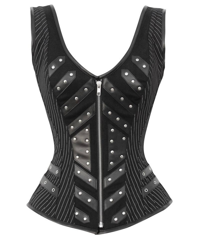 Alvia Gothic Pinstripe Overbust Corset with Shoulder Straps - Corsets Queen US-CA