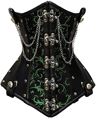 Crawford Green Brocade & Faux Leather Underbust Corset With Chain Details - Corsets Queen US-CA