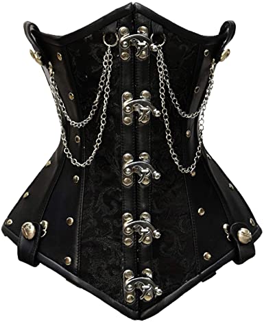 Staier Black Brocade & Faux Leather Underbust Corset With Chain Details - Corsets Queen US-CA