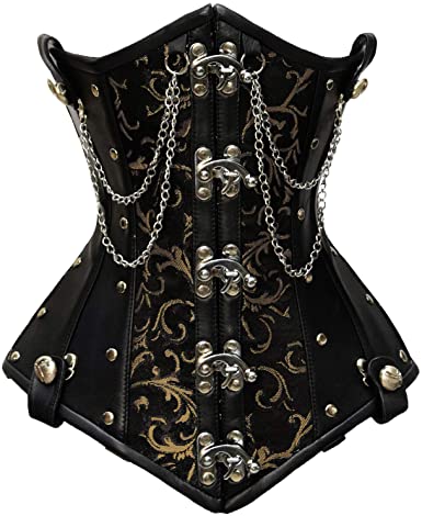 Mariasela Gold Brocade & Faux Leather Underbust Corset With Chain Details - Corsets Queen US-CA