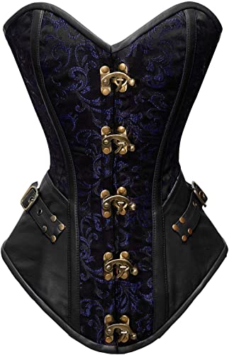 Tolleson Blue Brocade & Black Faux Leather Overbust Corset - Corsets Queen US-CA