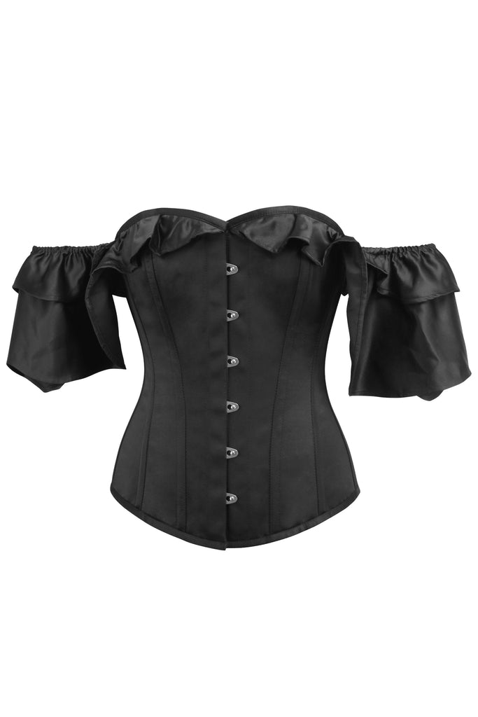 Caoimhe Black Satin Corset With Off The Shoulder Frilled Sleeves - Corsets Queen US-CA