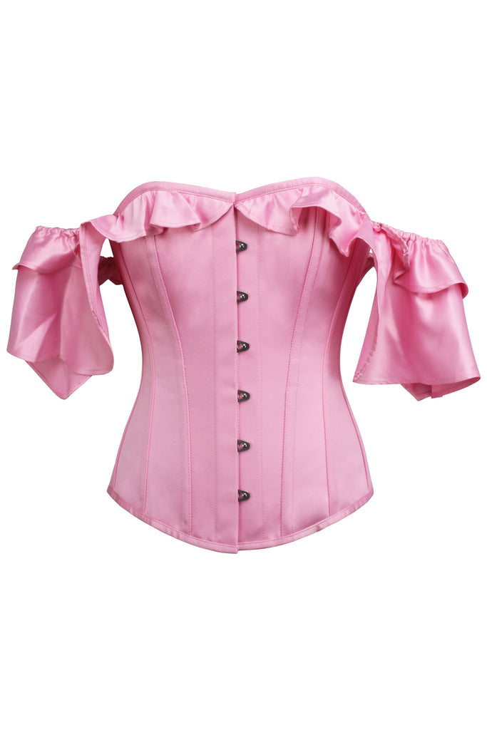 Skye Baby Pink Satin Corset With Off The Shoulder Frilled Sleeves - Corsets Queen US-CA