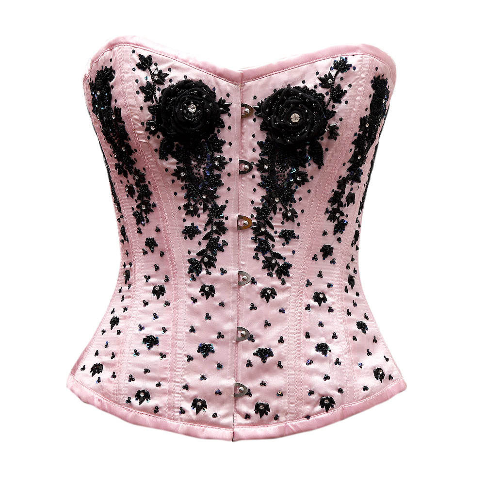 Gautrat Pink Satin Embroidery Overbust Corset - Corsets Queen US-CA