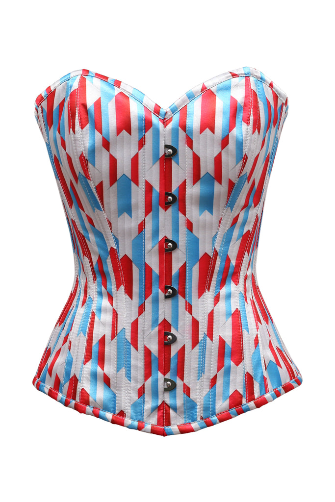 Rylee Red White Blue Zig Zag Print Satin Overbust Corset - Corsets Queen US-CA