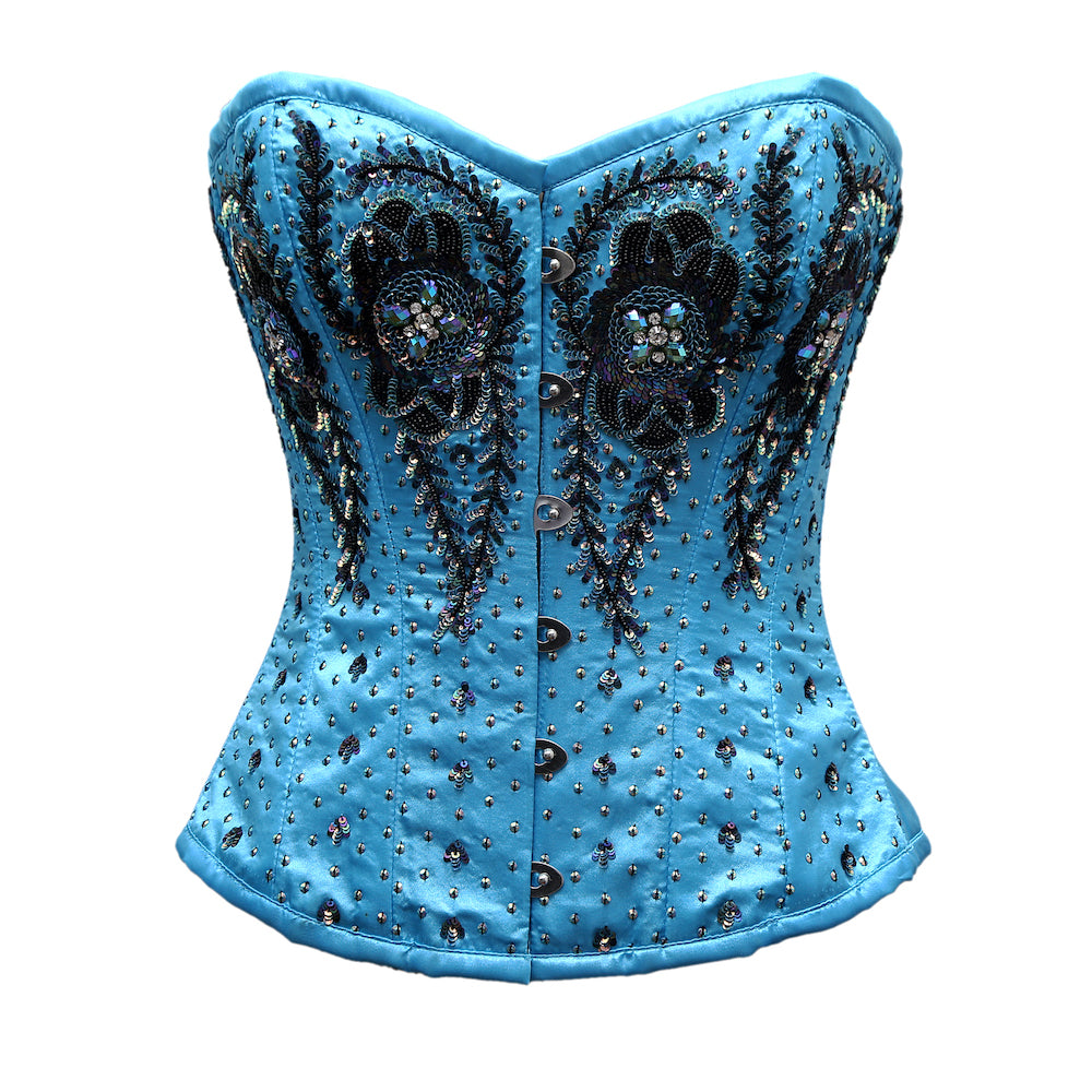 Ingarhm Turquoise Satin Embroidery Overbust Corset - Corsets Queen US-CA