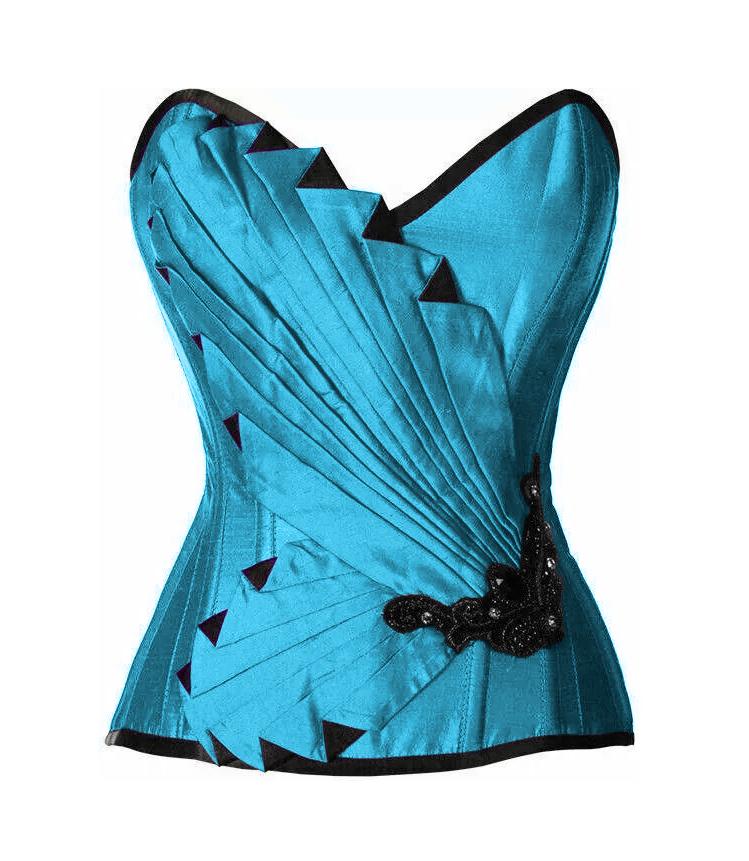 Krope Turquoise Satin/Taffeta Embroidered Overbust Corset - Corsets Queen US-CA